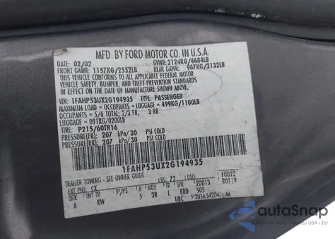 2002 Ford Taurus Se из США, поврежденный, VIN 1FAHP53UX2G194935